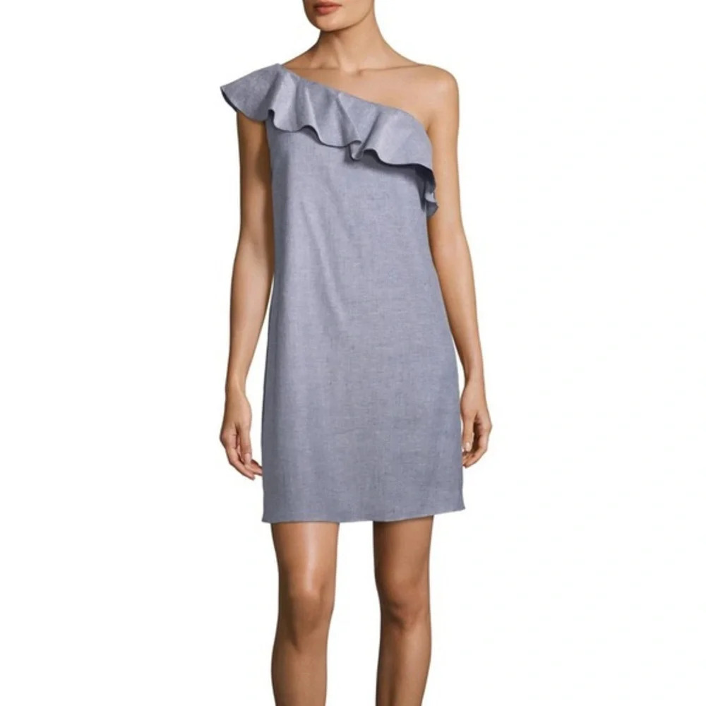 Theory Alexanda One Shoulder Ruffle Dress Light Denim Chambray Sz 8